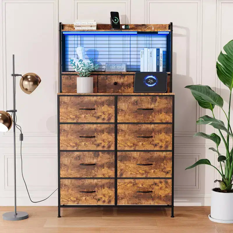 Commode 56 H avec 11 tiroirs en tissu, commode en bois avec station de recharge, meuble de rangement industriel pour entrée, chambre, marron