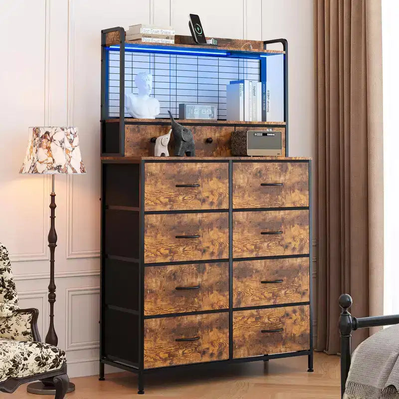 Commode 56 H avec 11 tiroirs en tissu, commode en bois avec station de recharge, meuble de rangement industriel pour entrée, chambre, marron