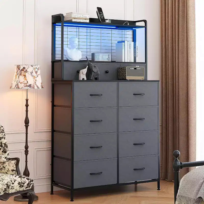 Commode 56 H avec 11 tiroirs en tissu, commode en bois avec station de recharge, meuble de rangement industriel pour entrée, chambre, marron