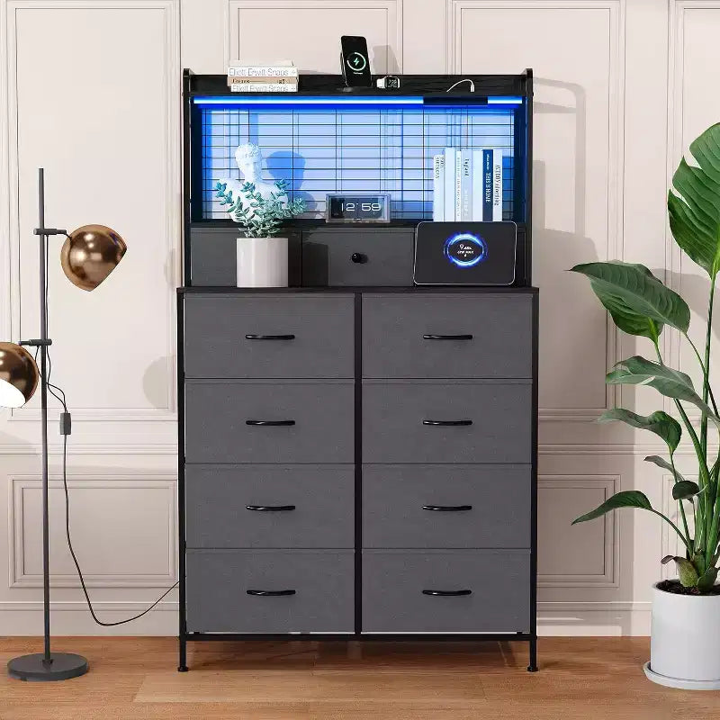 Commode 56 H avec 11 tiroirs en tissu, commode en bois avec station de recharge, meuble de rangement industriel pour entrée, chambre, marron