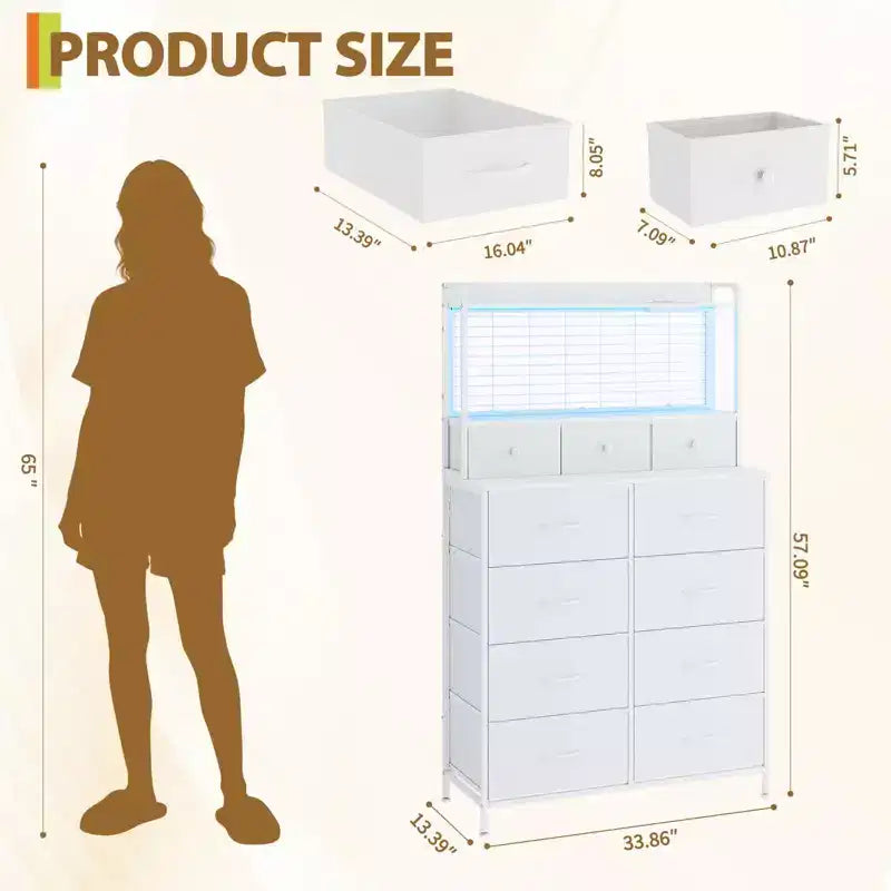 Commode 56 H avec 11 tiroirs en tissu, commode en bois avec station de recharge, meuble de rangement industriel pour entrée, chambre, marron