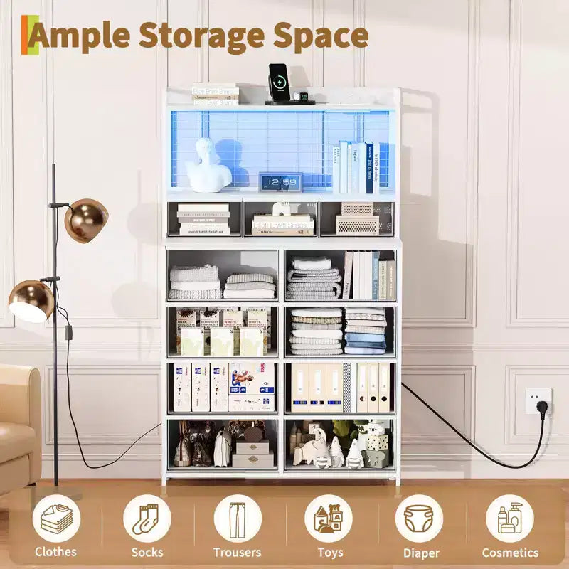 Commode 56 H avec 11 tiroirs en tissu, commode en bois avec station de recharge, meuble de rangement industriel pour entrée, chambre, marron