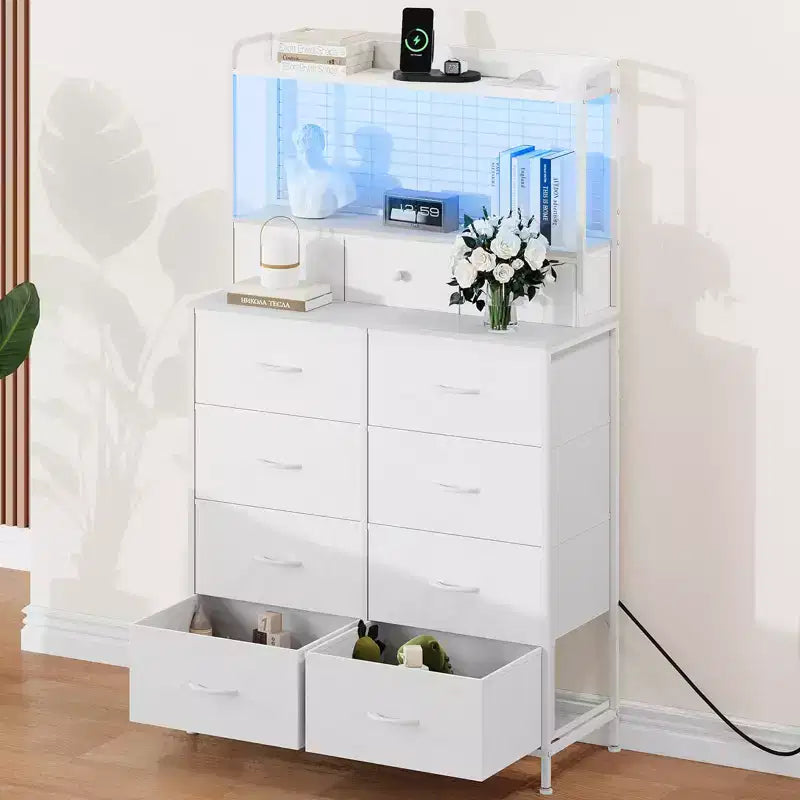 Commode 56 H avec 11 tiroirs en tissu, commode en bois avec station de recharge, meuble de rangement industriel pour entrée, chambre, marron