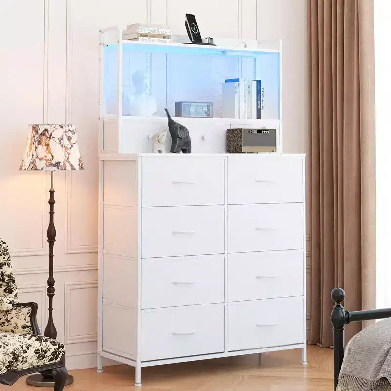 Commode 56 H avec 11 tiroirs en tissu, commode en bois avec station de recharge, meuble de rangement industriel pour entrée, chambre, marron