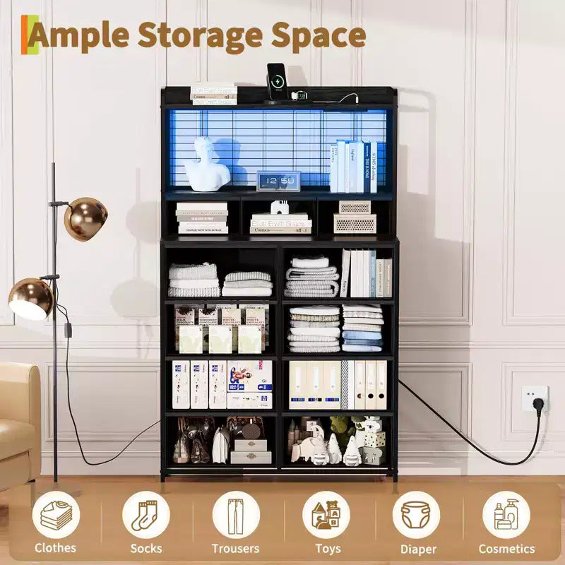 Commode 56 H avec 11 tiroirs en tissu, commode en bois avec station de recharge, meuble de rangement industriel pour entrée, chambre, marron