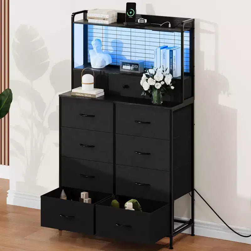 Commode 56 H avec 11 tiroirs en tissu, commode en bois avec station de recharge, meuble de rangement industriel pour entrée, chambre, marron