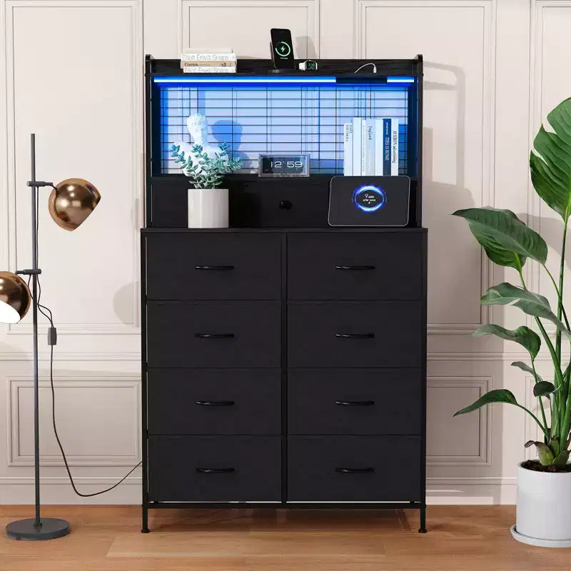 Commode 56 H avec 11 tiroirs en tissu, commode en bois avec station de recharge, meuble de rangement industriel pour entrée, chambre, marron