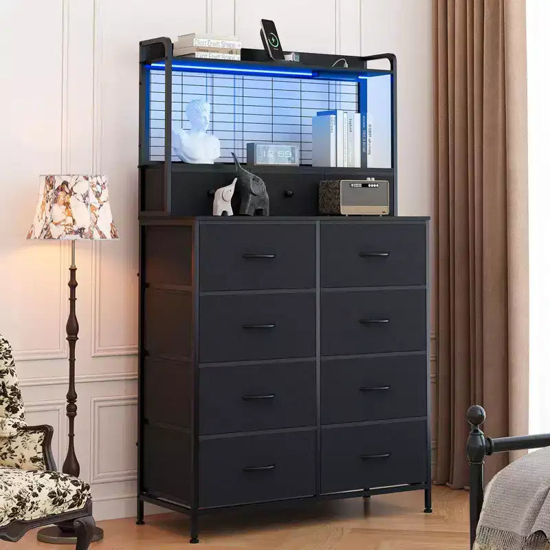 Commode 56 H avec 11 tiroirs en tissu, commode en bois avec station de recharge, meuble de rangement industriel pour entrée, chambre, marron