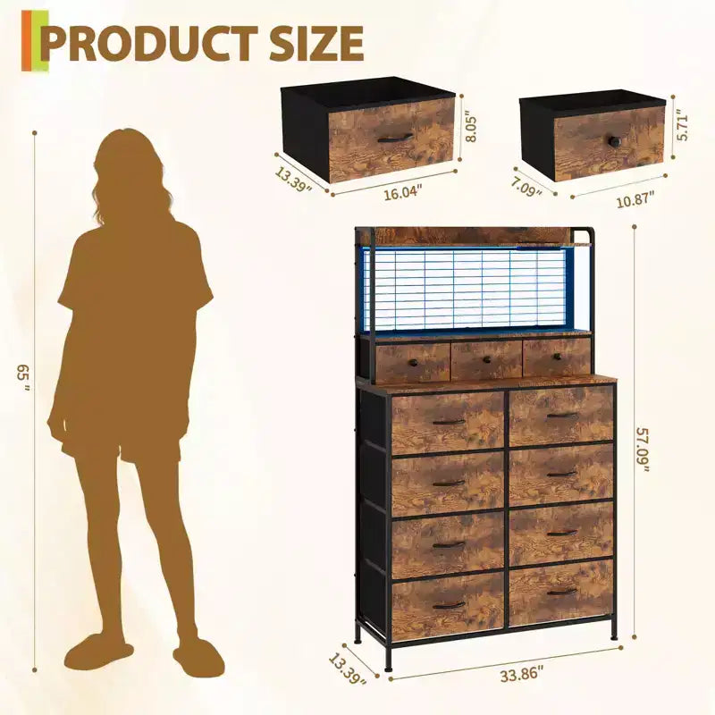 Commode 56 H avec 11 tiroirs en tissu, commode en bois avec station de recharge, meuble de rangement industriel pour entrée, chambre, marron