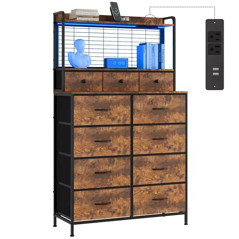 Commode 56 H avec 11 tiroirs en tissu, commode en bois avec station de recharge, meuble de rangement industriel pour entrée, chambre, marron