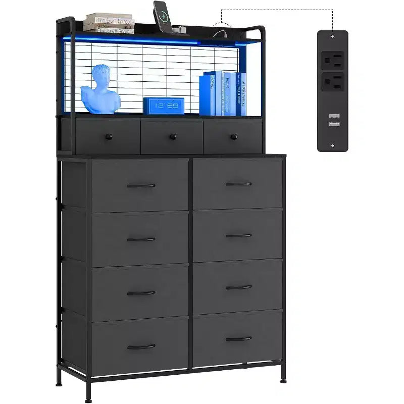 Commode 56 H avec 11 tiroirs en tissu, commode en bois avec station de recharge, meuble de rangement industriel pour entrée, chambre, marron