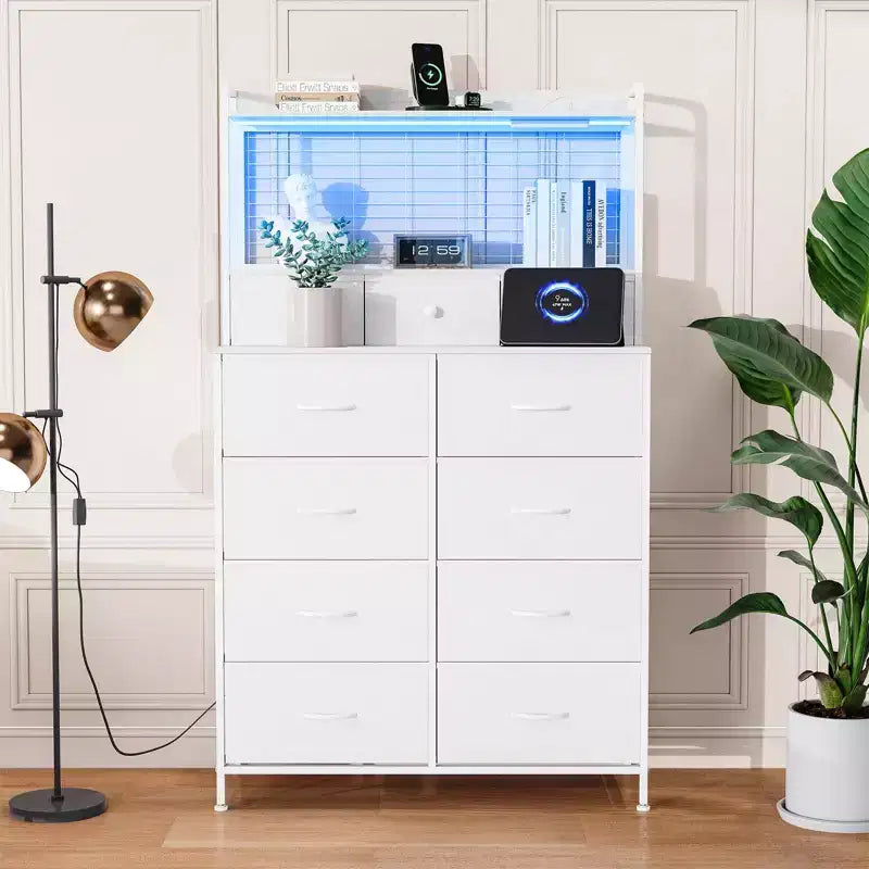 Commode 56 H avec 11 tiroirs en tissu, commode en bois avec station de recharge, meuble de rangement industriel pour entrée, chambre, marron