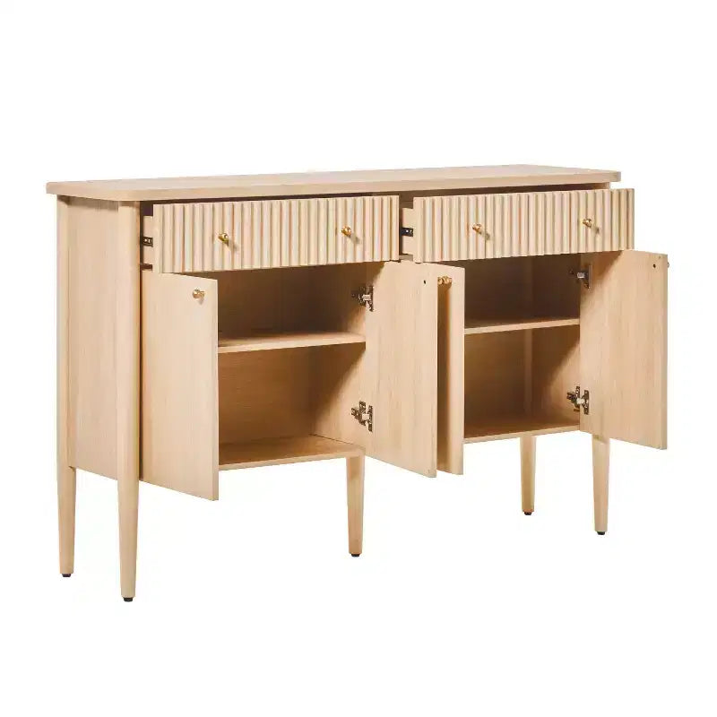 Buffet en bois cannelé moderne de 58 po avec rangement, 4 portes et 2 tiroirs