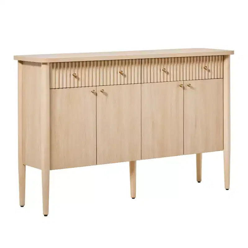 Buffet en bois cannelé moderne de 58 po avec rangement, 4 portes et 2 tiroirs