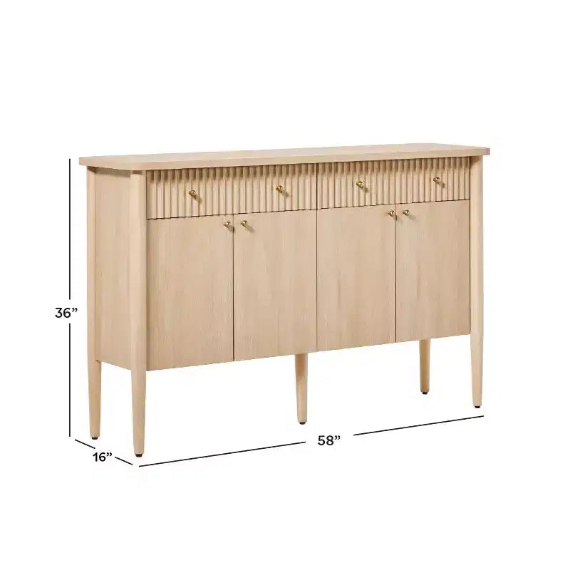 Buffet en bois cannelé moderne de 58 po avec rangement, 4 portes et 2 tiroirs