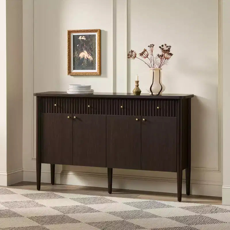 Buffet en bois cannelé moderne de 58 po avec rangement, 4 portes et 2 tiroirs