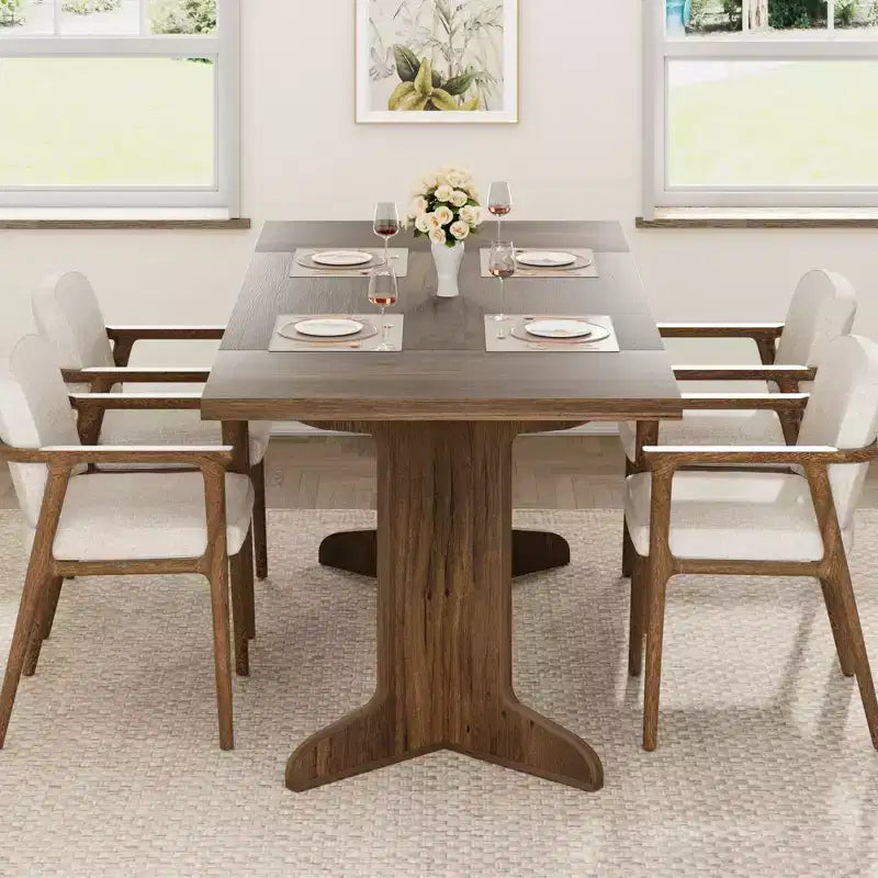 Table de salle à manger en bois de 180 cm pour 6-8 personnes, table de cuisine rectangulaire de style ferme moderne avec pieds en bois uniques, plateau épais, cadre robuste, pour salle à manger