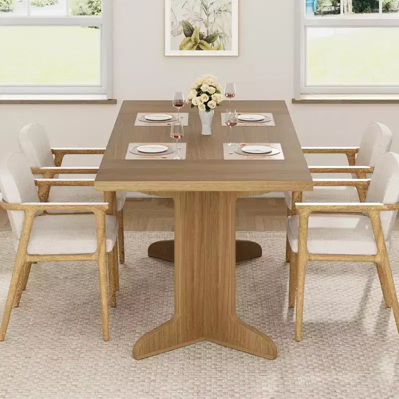 Table de salle à manger en bois de 180 cm pour 6-8 personnes, table de cuisine rectangulaire de style ferme moderne avec pieds en bois uniques, plateau épais, cadre robuste, pour salle à manger