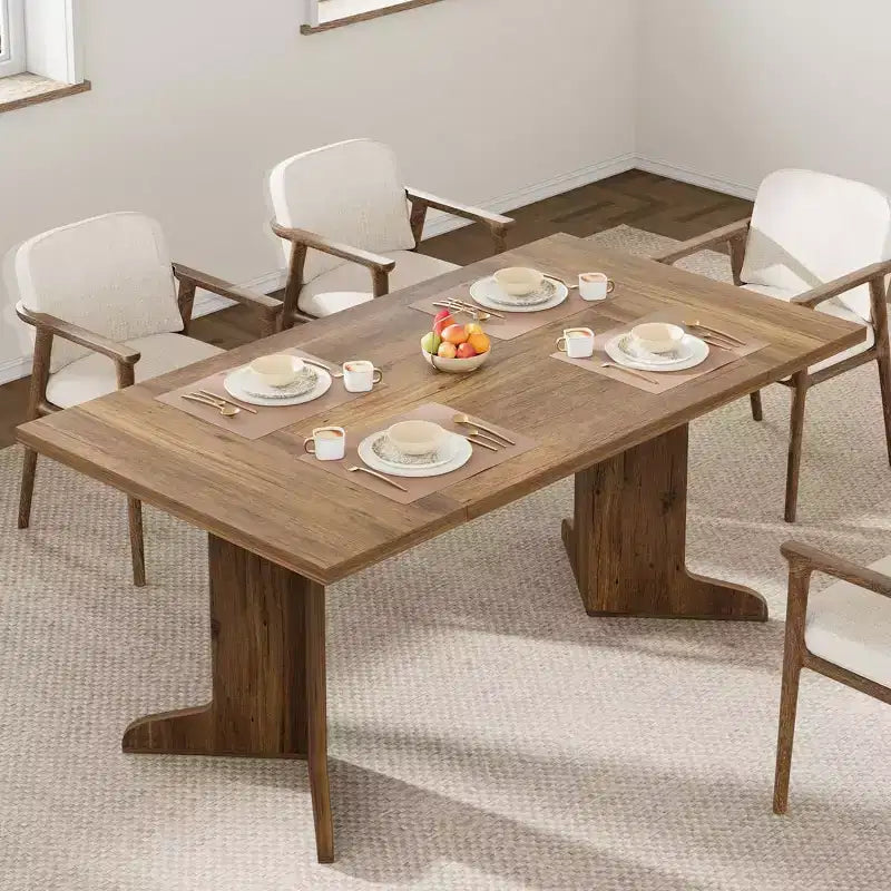 Table de salle à manger en bois de 180 cm pour 6-8 personnes, table de cuisine rectangulaire de style ferme moderne avec pieds en bois uniques, plateau épais, cadre robuste, pour salle à manger