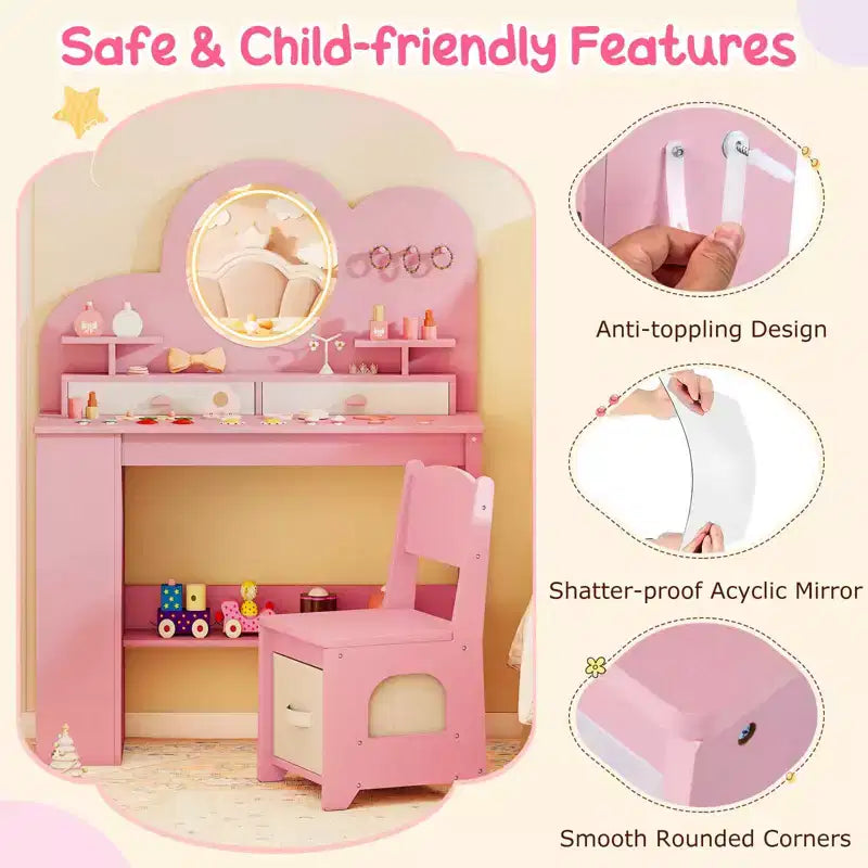 Coiffeuse pour enfants avec lumières LED, 2 tiroirs, étagère à 2 niveaux, 3 crochets et 2 étagères ouvertes, blanc/rose