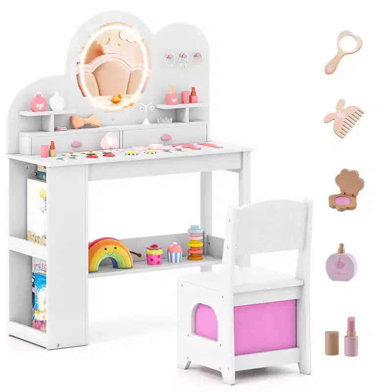 Coiffeuse pour enfants avec lumières LED, 2 tiroirs, étagère à 2 niveaux, 3 crochets et 2 étagères ouvertes, blanc/rose