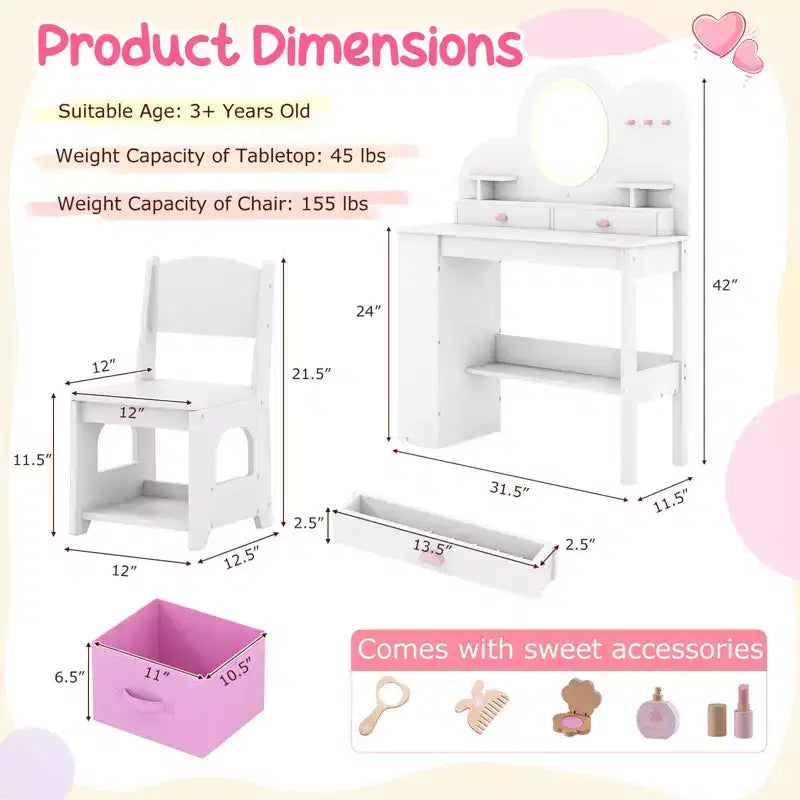 Coiffeuse pour enfants avec lumières LED, 2 tiroirs, étagère à 2 niveaux, 3 crochets et 2 étagères ouvertes, blanc/rose