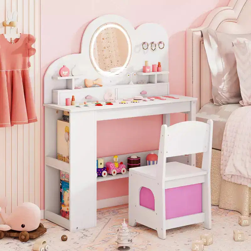 Coiffeuse pour enfants avec lumières LED, 2 tiroirs, étagère à 2 niveaux, 3 crochets et 2 étagères ouvertes, blanc/rose