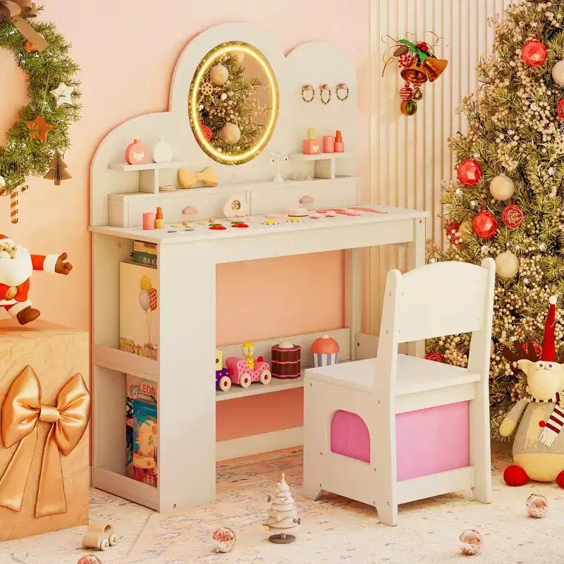 Coiffeuse pour enfants avec lumières LED, 2 tiroirs, étagère à 2 niveaux, 3 crochets et 2 étagères ouvertes, blanc/rose