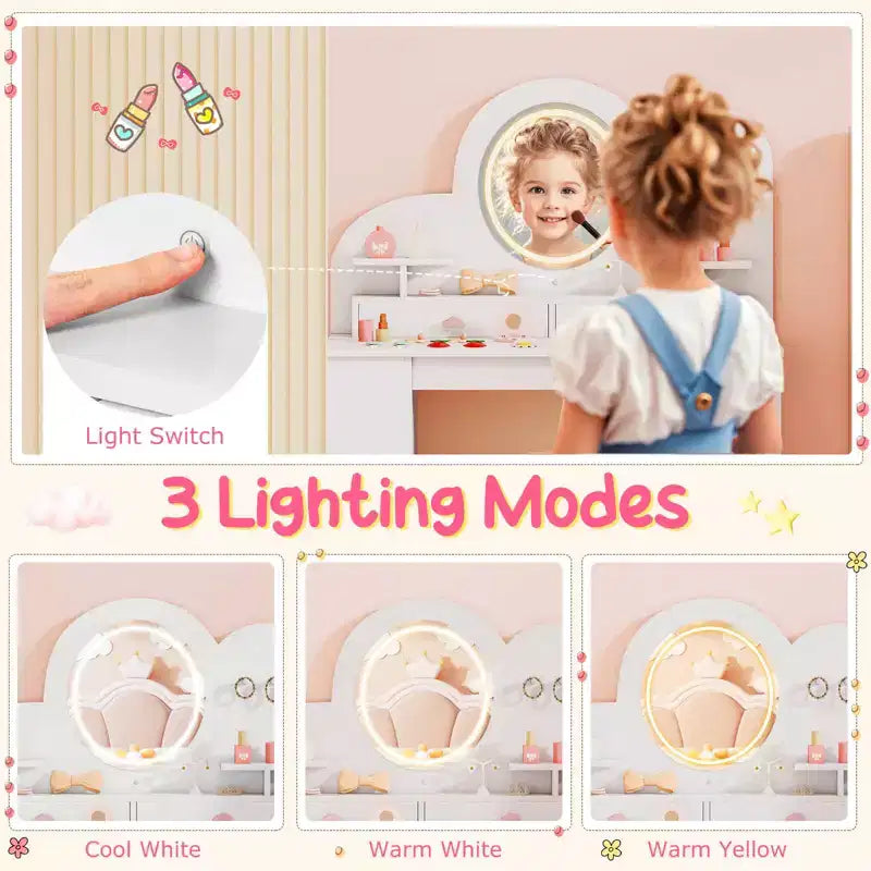 Coiffeuse pour enfants avec lumières LED, 2 tiroirs, étagère à 2 niveaux, 3 crochets et 2 étagères ouvertes, blanc/rose