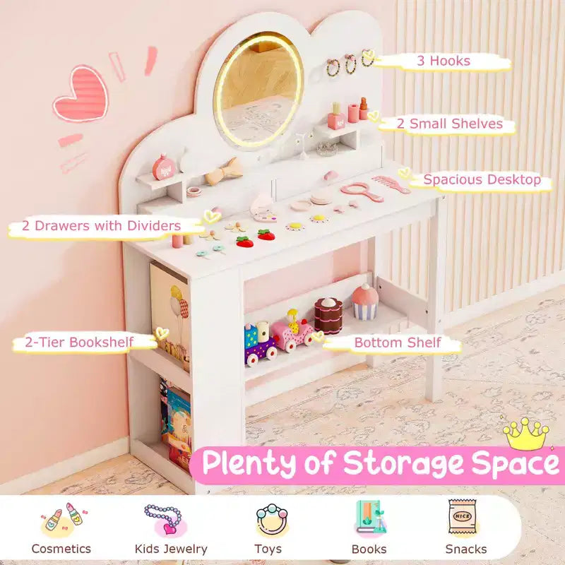 Coiffeuse pour enfants avec lumières LED, 2 tiroirs, étagère à 2 niveaux, 3 crochets et 2 étagères ouvertes, blanc/rose