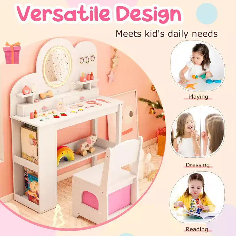 Coiffeuse pour enfants avec lumières LED, 2 tiroirs, étagère à 2 niveaux, 3 crochets et 2 étagères ouvertes, blanc/rose