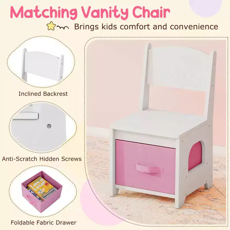 Coiffeuse pour enfants avec lumières LED, 2 tiroirs, étagère à 2 niveaux, 3 crochets et 2 étagères ouvertes, blanc/rose