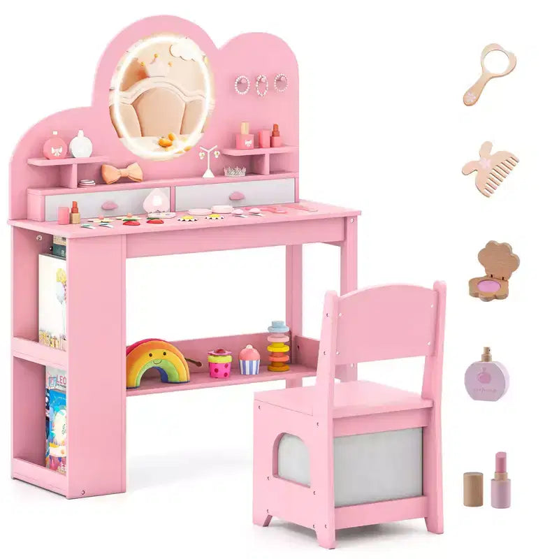 Coiffeuse pour enfants avec lumières LED, 2 tiroirs, étagère à 2 niveaux, 3 crochets et 2 étagères ouvertes, blanc/rose