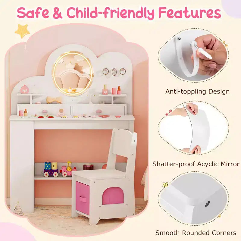 Coiffeuse pour enfants avec lumières LED, 2 tiroirs, étagère à 2 niveaux, 3 crochets et 2 étagères ouvertes, blanc/rose