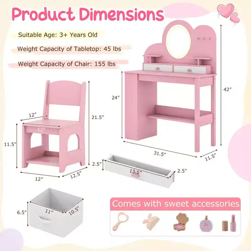 Coiffeuse pour enfants avec lumières LED, 2 tiroirs, étagère à 2 niveaux, 3 crochets et 2 étagères ouvertes, blanc/rose
