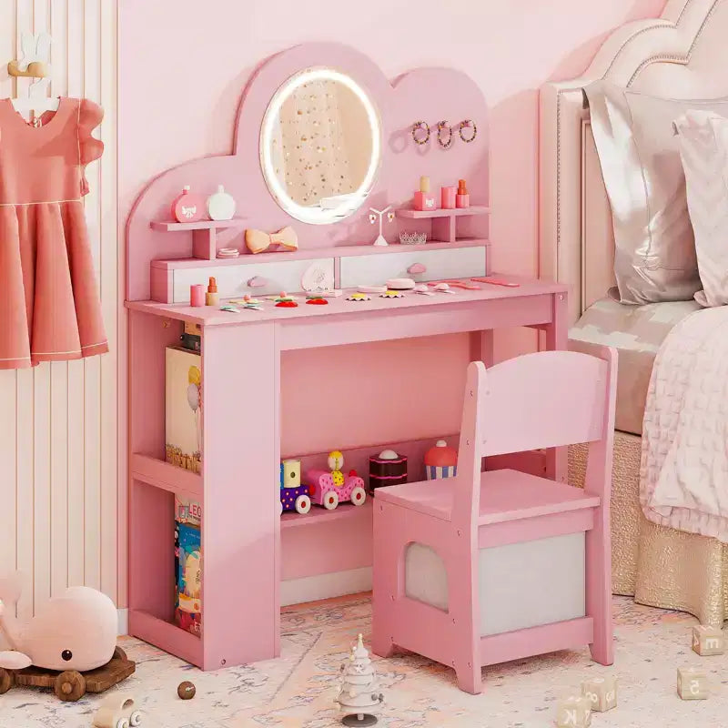 Coiffeuse pour enfants avec lumières LED, 2 tiroirs, étagère à 2 niveaux, 3 crochets et 2 étagères ouvertes, blanc/rose