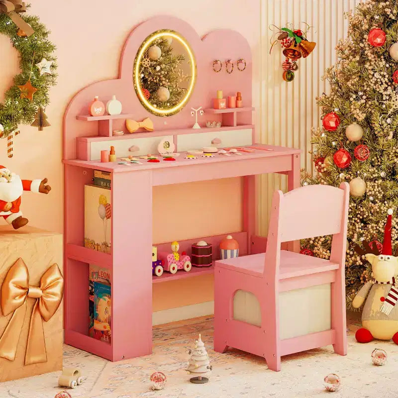 Coiffeuse pour enfants avec lumières LED, 2 tiroirs, étagère à 2 niveaux, 3 crochets et 2 étagères ouvertes, blanc/rose