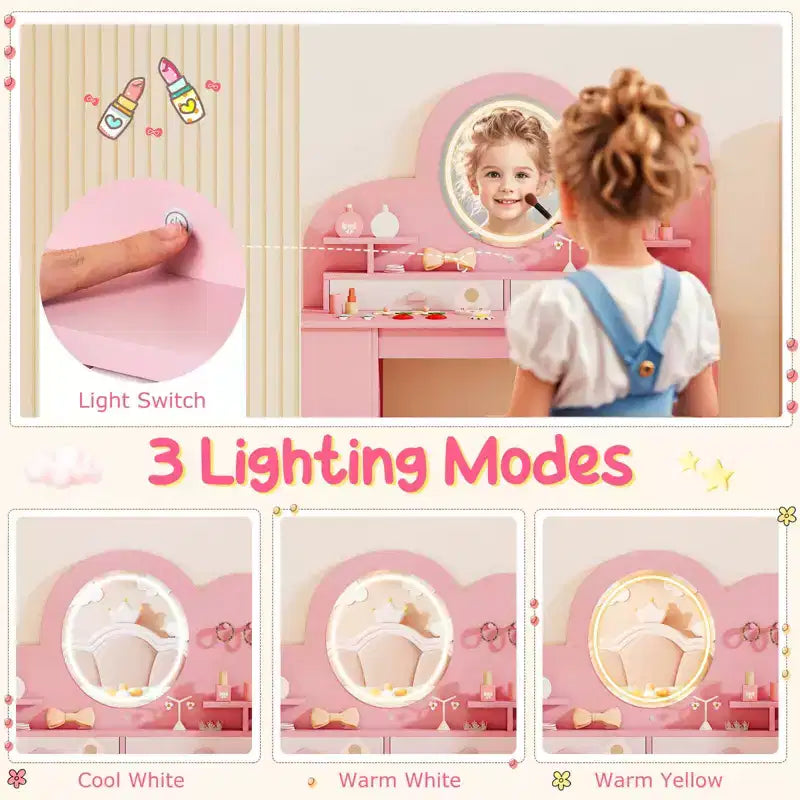 Coiffeuse pour enfants avec lumières LED, 2 tiroirs, étagère à 2 niveaux, 3 crochets et 2 étagères ouvertes, blanc/rose