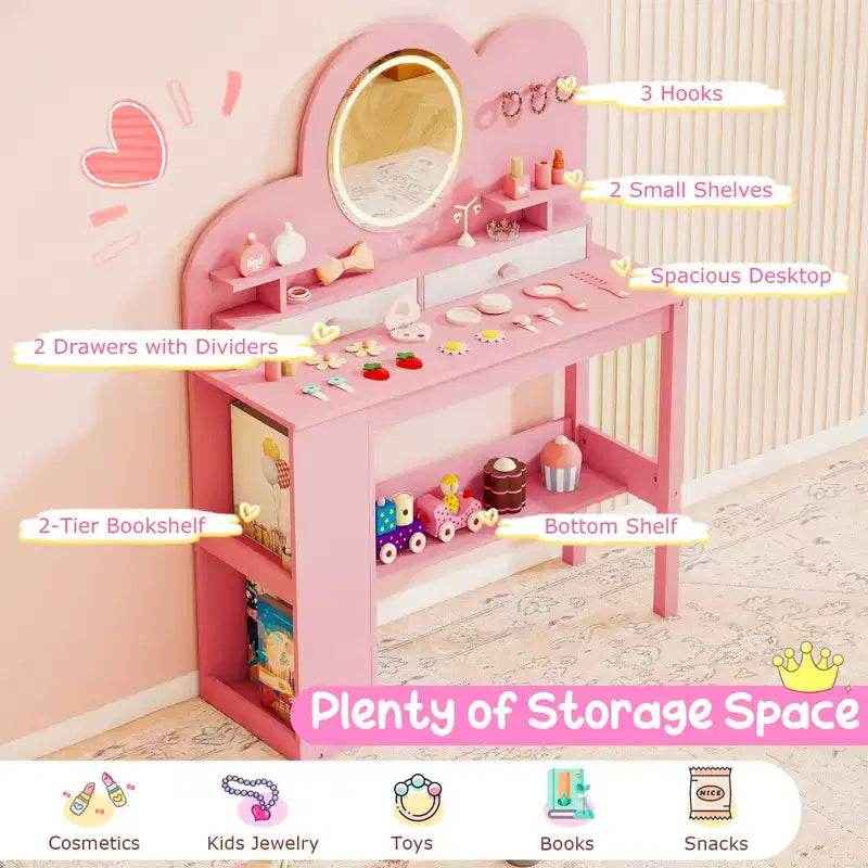 Coiffeuse pour enfants avec lumières LED, 2 tiroirs, étagère à 2 niveaux, 3 crochets et 2 étagères ouvertes, blanc/rose