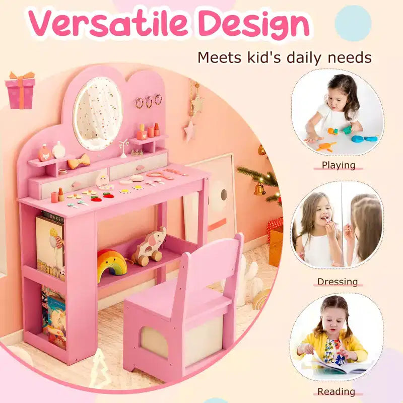 Coiffeuse pour enfants avec lumières LED, 2 tiroirs, étagère à 2 niveaux, 3 crochets et 2 étagères ouvertes, blanc/rose