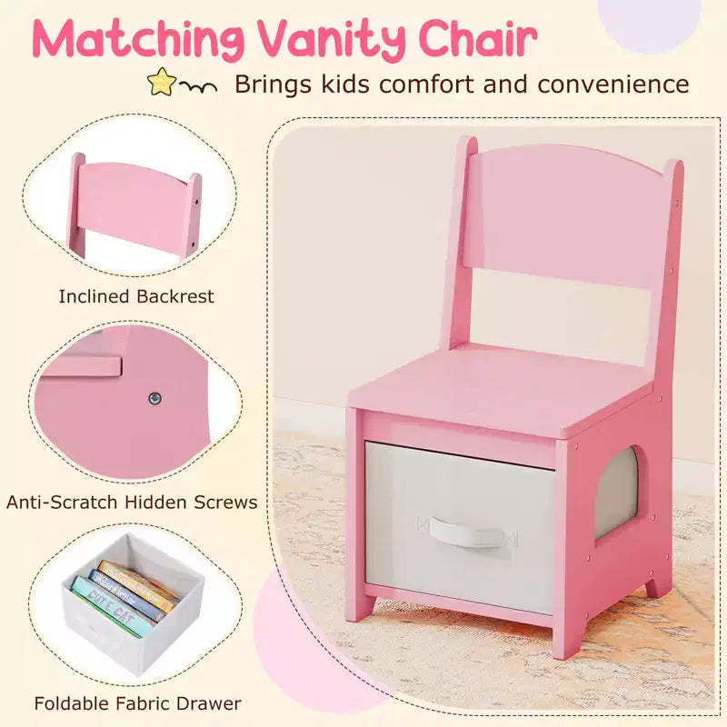 Coiffeuse pour enfants avec lumières LED, 2 tiroirs, étagère à 2 niveaux, 3 crochets et 2 étagères ouvertes, blanc/rose