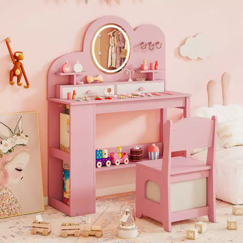 Costway Kids Vanity with Lights, 2 Drawers & 2-Tier Bookshelf, 3 Hooks & 2 Open Shelves White/Pink