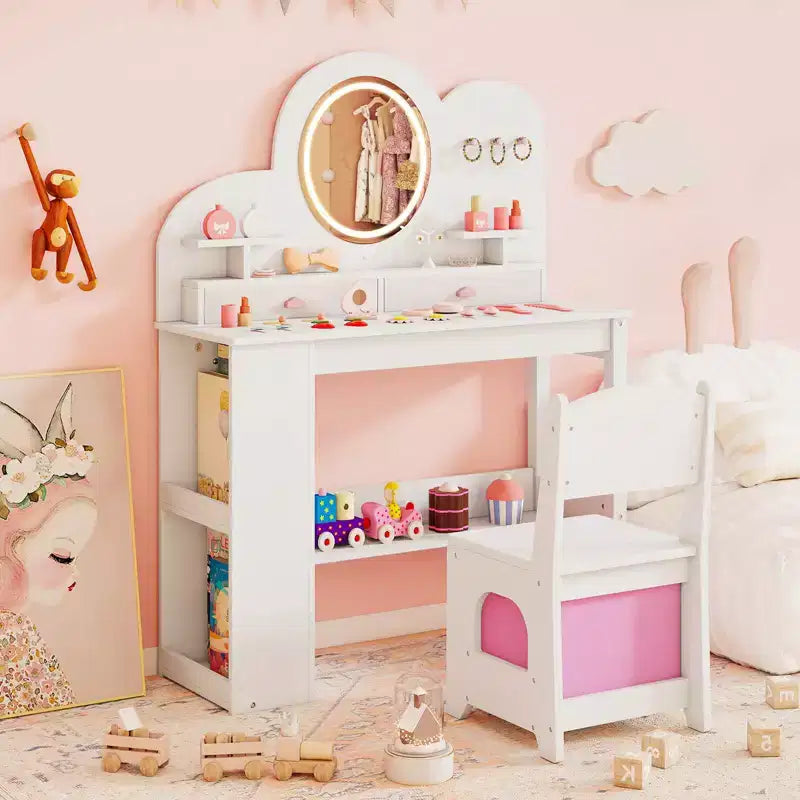 Coiffeuse pour enfants avec lumières LED, 2 tiroirs, étagère à 2 niveaux, 3 crochets et 2 étagères ouvertes, blanc/rose