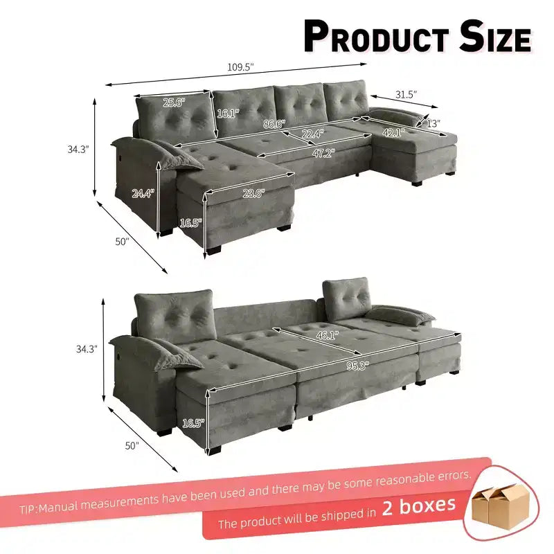 Canapé convertible en chenille en U de 280 cm avec lit gigogne et ports USB, 5 places