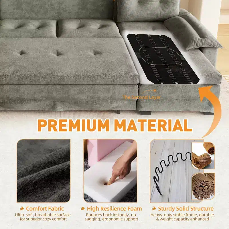 Canapé convertible en chenille en U de 280 cm avec lit gigogne et ports USB, 5 places