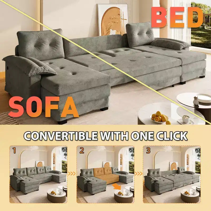 Canapé convertible en chenille en U de 280 cm avec lit gigogne et ports USB, 5 places