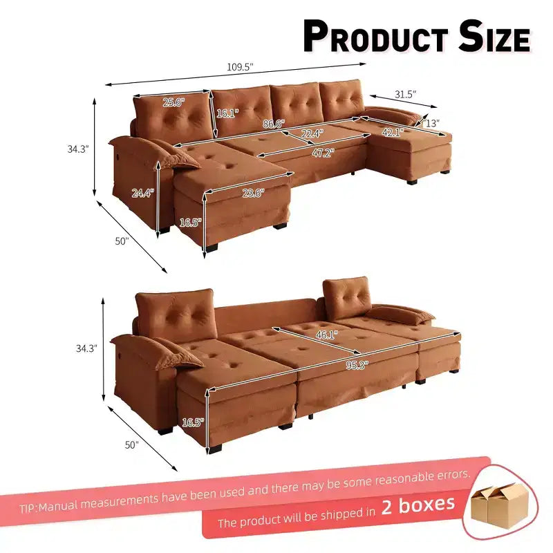 Canapé convertible en chenille en U de 280 cm avec lit gigogne et ports USB, 5 places