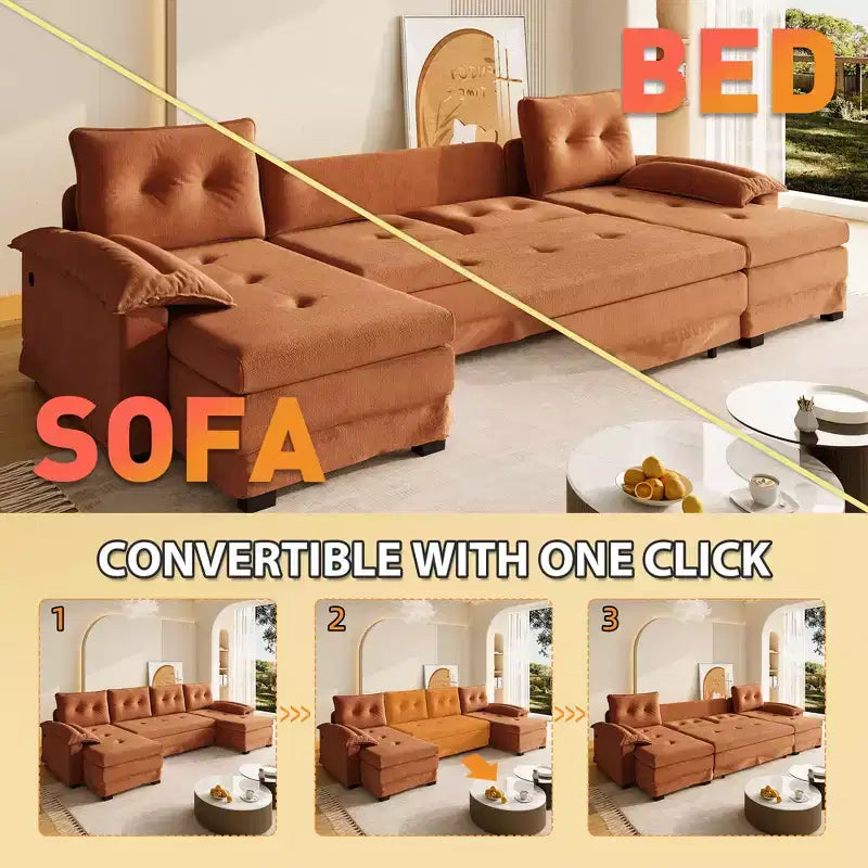 Canapé convertible en chenille en U de 280 cm avec lit gigogne et ports USB, 5 places