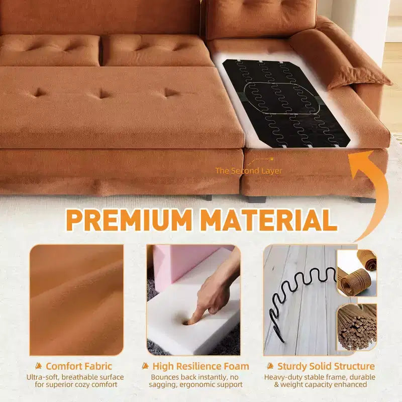 Canapé convertible en chenille en U de 280 cm avec lit gigogne et ports USB, 5 places