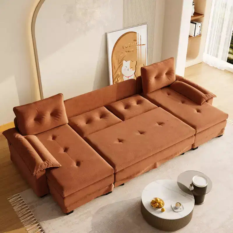 Canapé convertible en chenille en U de 280 cm avec lit gigogne et ports USB, 5 places